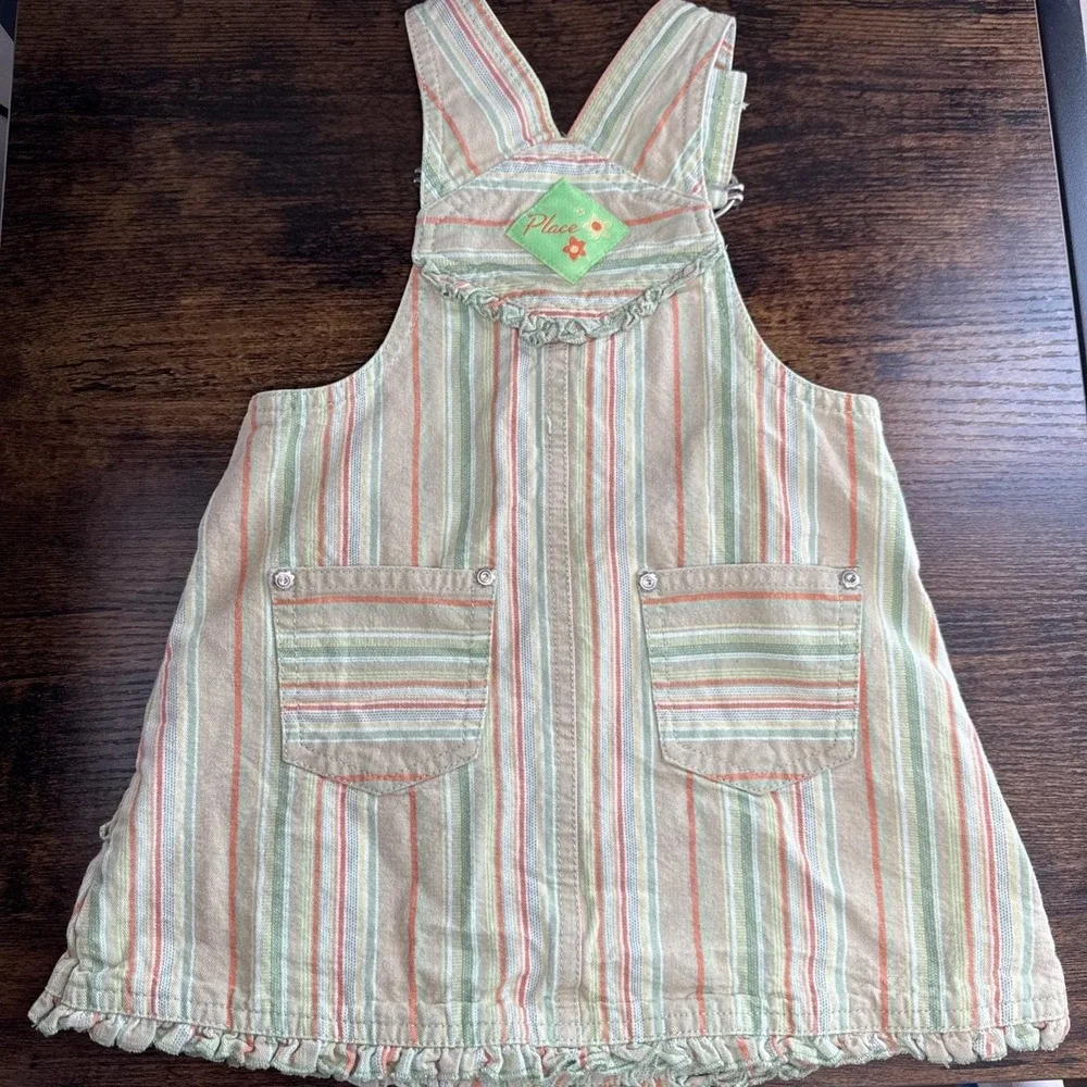 VTG The Children Place‎ Overall Dress Lime Green Denim Striped Y2K Dress Jumper